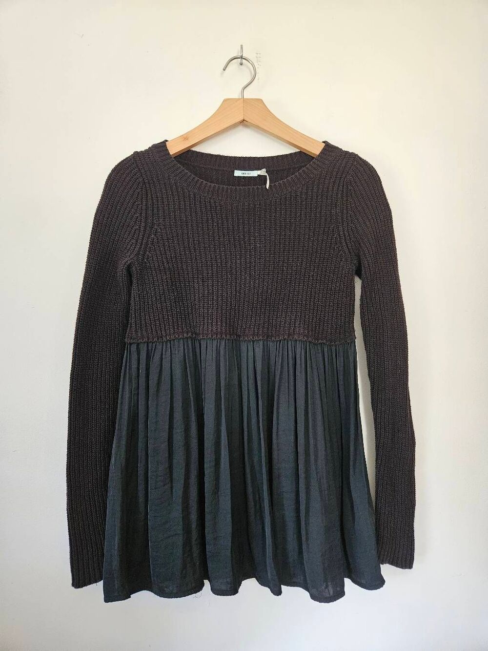 Kimchi Blue Anthropologie Sweater Peplum Top XS Black Knit Mixed Media Long Slee